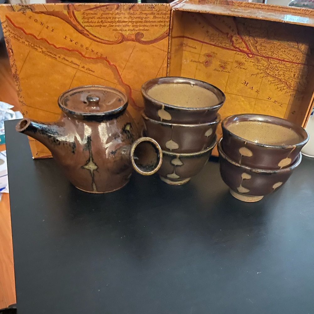Vintage Kyusa-Mashiko ware teapot with 5 cups